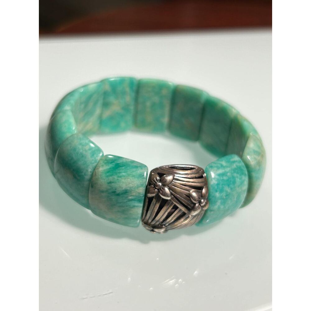 Stephen Dweck designer genuine amazonite gemstone 925 Sterling stretchy bracelet